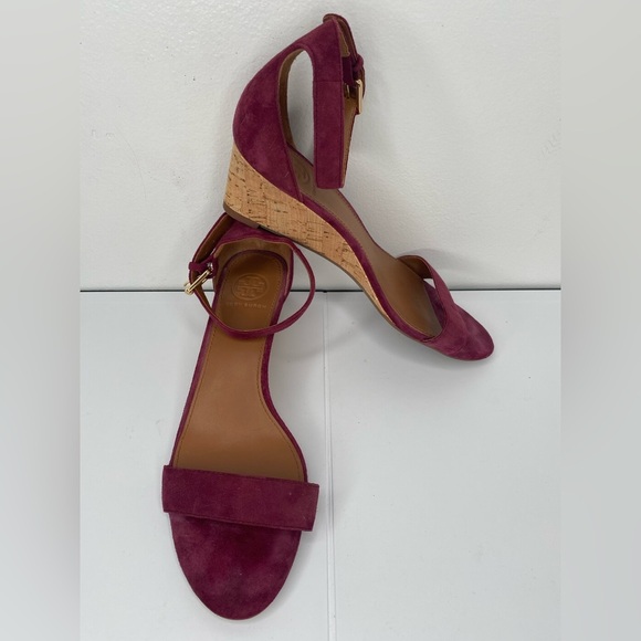 TORY BURCH Savanah Suede Cork Ankle Strap  Low Wedge Sandals - Burgundy - Picture 1 of 8
